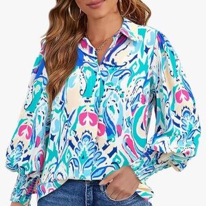Long sleeve casual blouse. Teal and pink. Boho style with fitted cuffs